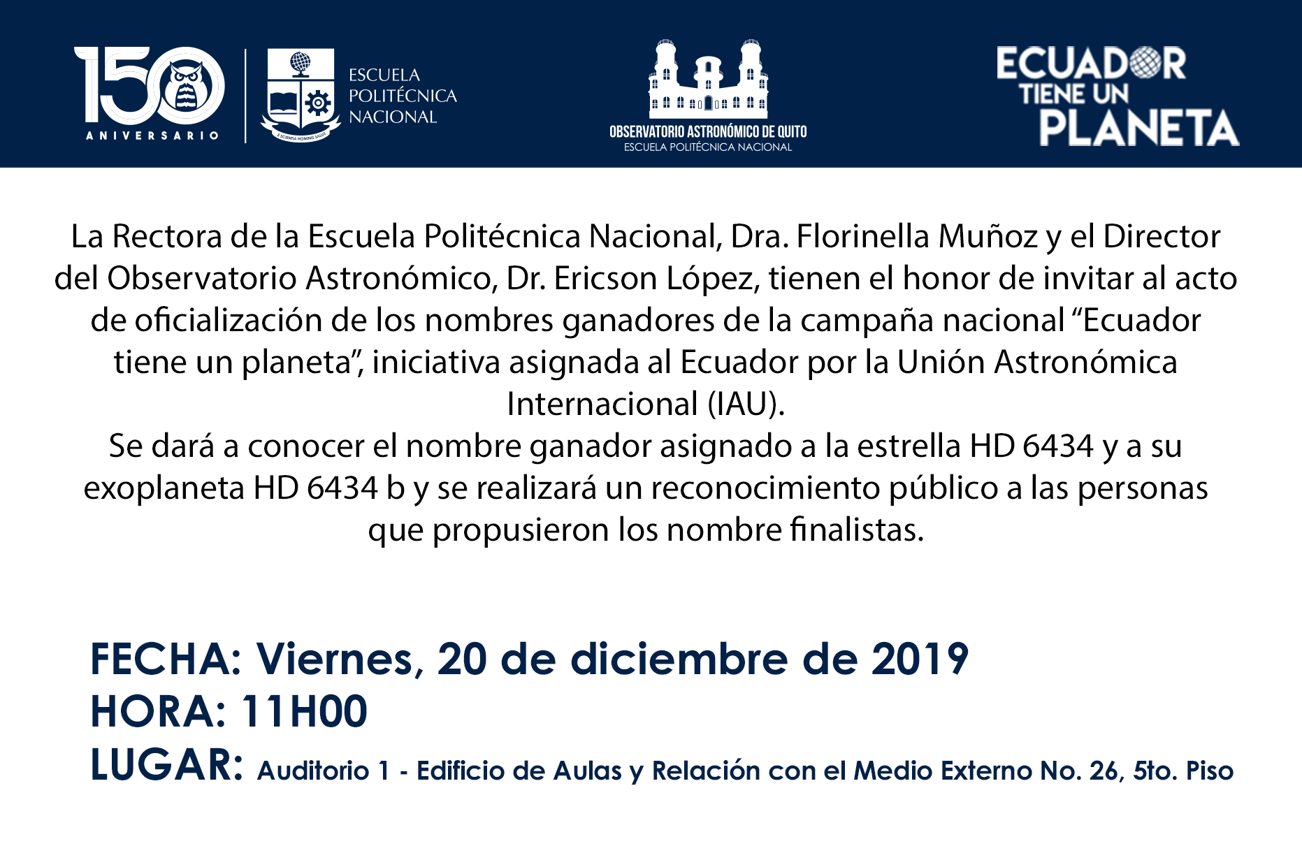 OFICIALIZACIÓN DE LOS NOMBRES GANADORES EN LA CAMPAÑA NACIONAL «ECUADOR TIENE UN PLANETA»